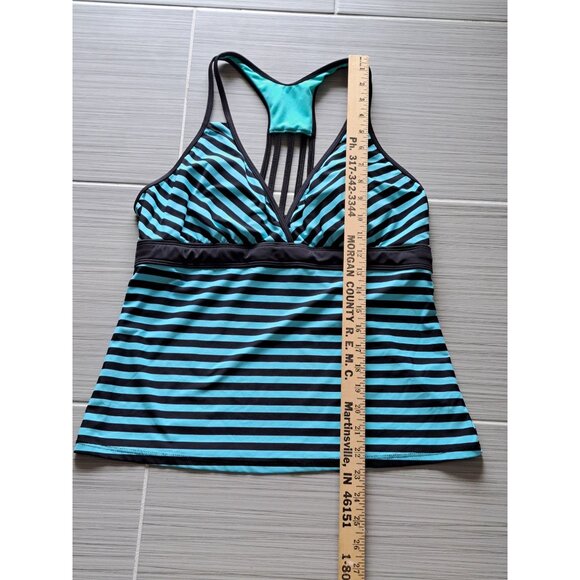Title Nine Women's Size L Striped Turquoise  Black Tankini Swim Top Strappy Back - Picture 5 of 9